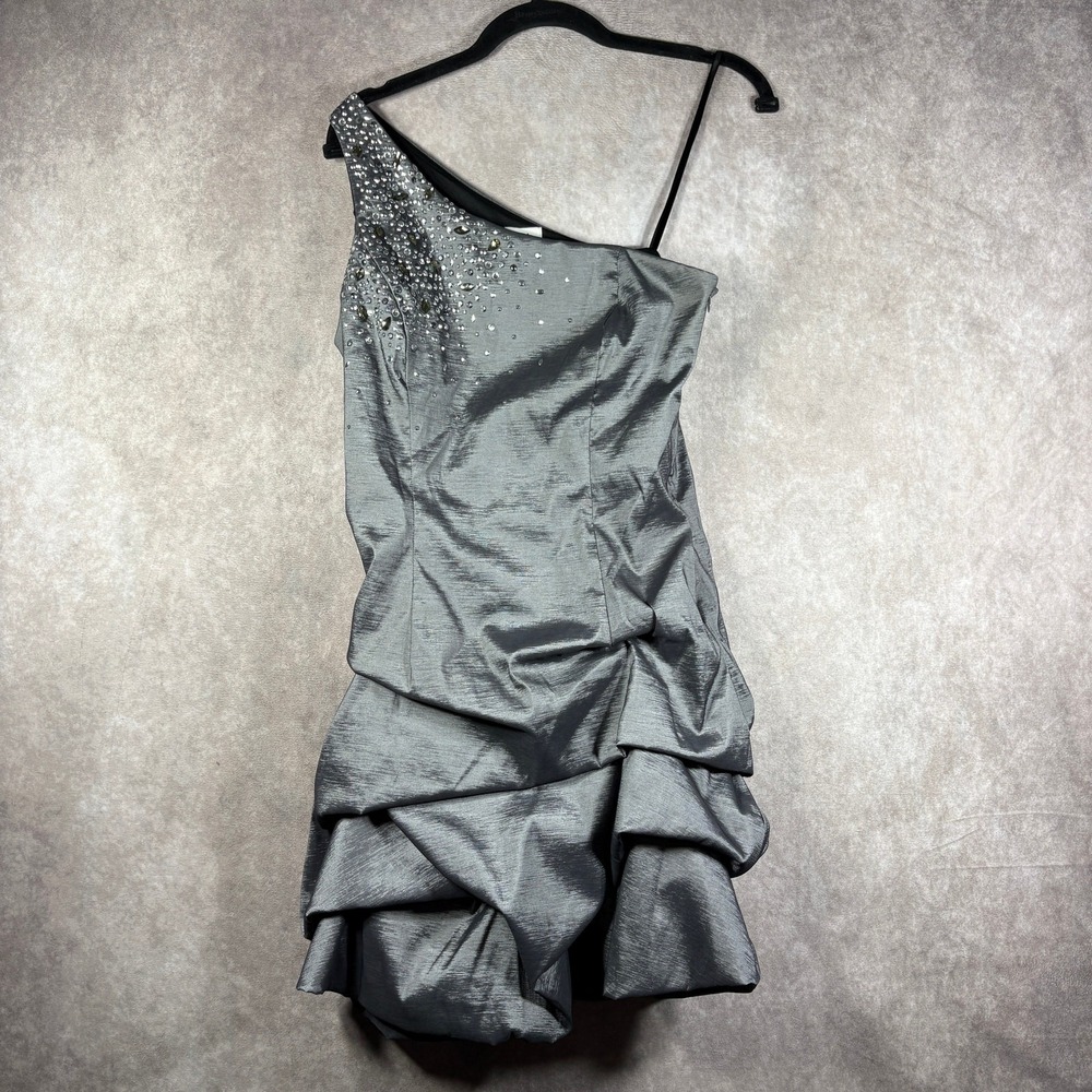 Cache Cocktail Dress Womens Size 8 Gray Embellished One Shoulder Prom Tiered